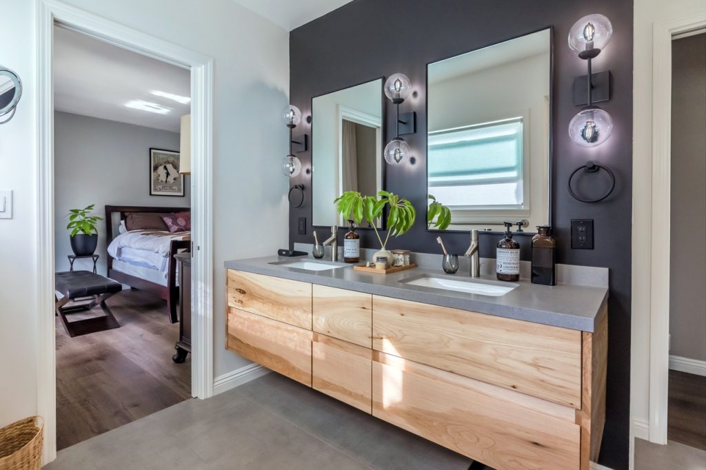 modern wood double sink floating vanity