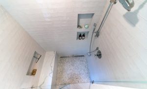 shower tile and built-in shelving
