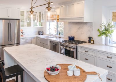 White Kitchen w/ Carrera Marble Pacific Palisades Remodel