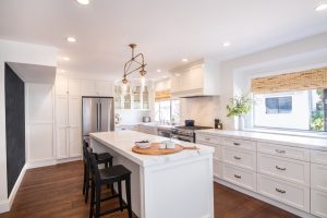 white carrera marble drop side counter tops and backsplash