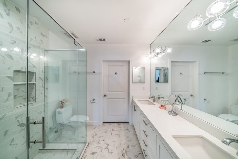 Long double vanity opposite a glass-enclosed shower.