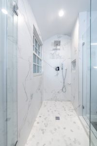 San Marion walk in white carrera marble shower